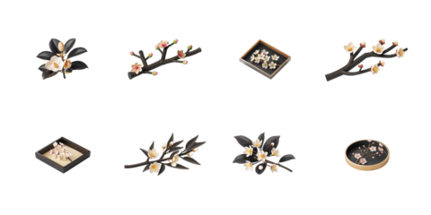 Collection of exquisite artificial plum blossom and magnolia flower branch decorative elements for artistic designs on transparent background