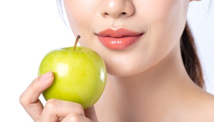 Partial face of a smiling woman holding a vibrant green apple, set against a clean, bright white background