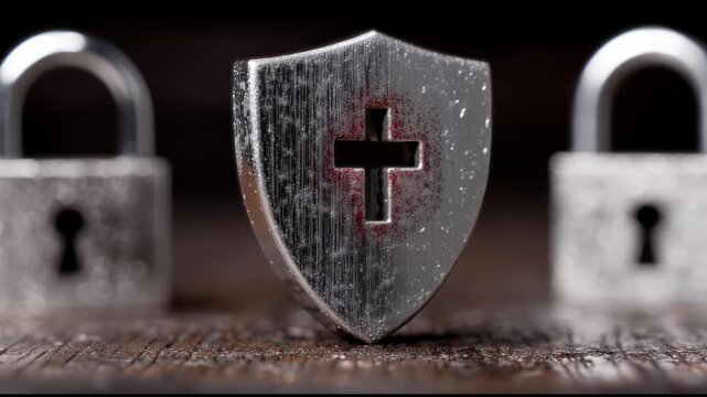 Ancient shield with cross three keys historical security symbol explore classic shield with cross and three keys emblem design
