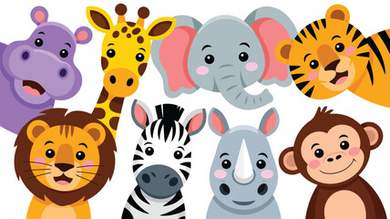 Fototapeta premium Adorable safari animals like an elephant and giraffe peeking around the edges of a white frame