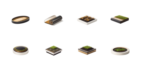Collection of isometric design elements illustrating the components and stages of artificial grass installation and planting on transparent background