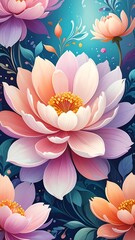 Pastel floral fantasy A collection of stylized pink and peach flowers against a blurred teal and blue background