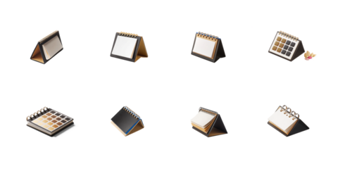 A collection of small desktop spiral bound flip calendars showcasing various blank and color swatch page designs on transparent background