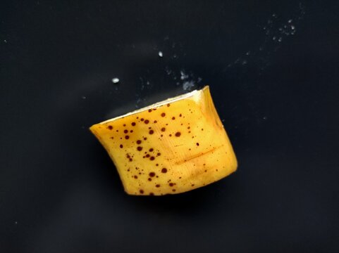 Small piece of banana on a black background. A small, yellow object with speckled brown spots lies against a black background. Its texture appears smooth, and it is lit from above.