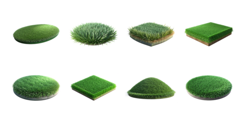 A collection of diverse three dimensional renderings featuring various shapes of lush green grass turf modules on transparent background