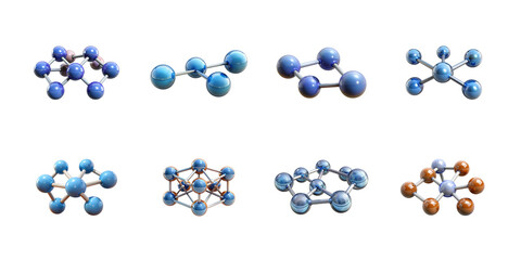 Collection of various colorful molecular structures and chemical bonds illustrating atomic arrangement and scientific concepts on transparent background