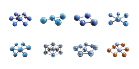 Collection of various colorful molecular structures and chemical bonds illustrating atomic arrangement and scientific concepts on transparent background