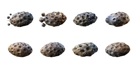 Collection of various stylized craggy celestial asteroid objects showcasing different impact craters and erosion states on transparent background. on transparent background