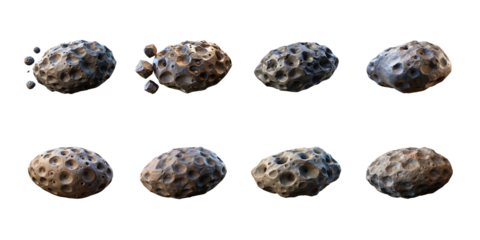 Collection of various stylized craggy celestial asteroid objects showcasing different impact craters and erosion states on transparent background. on transparent background