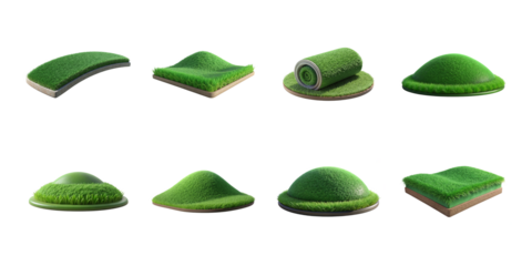Collection of stylized 3d grass patch assets showing various shapes and textures for landscape design on transparent background