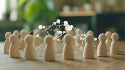 Group of wooden figurines in a circle on tabletop connected by white dots representing teamwork and networking. Business or organizational concept .