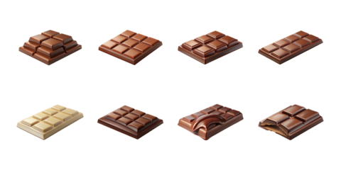 Assortment of delicious gourmet chocolate bars including dark milk and white varieties arranged artistically on transparent background