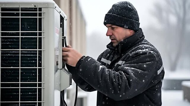 Technician Repairing H V A C Unit in Snowy Weather Winter Maintenance Service Working on Air