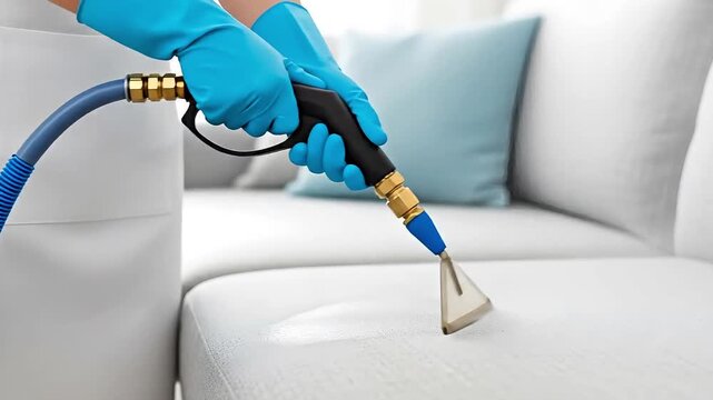 Upholstery cleaning service using steam cleaner on white sofa with blue gloves
