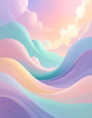 Pastel waves flow under a serene sky with soft clouds, creating a calming and dreamy ambiance