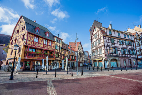 Colmar, Alsace, France September 10, 2017: The Little Venice quarter in Colmar, France. The quarter is famous for its colorful half-timbered houses along the Loche River.