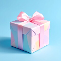 Pastel-wrapped gift box, tied with pink ribbon and bow, sits on a light blue surface, casting a subtle shadow