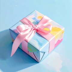 Pastel-wrapped present tied with a pink ribbon sits on a blue surface, casting soft shadows