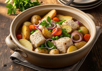 Hearty Fish Stew with Potatoes and Vegetables in Rustic Bowl.