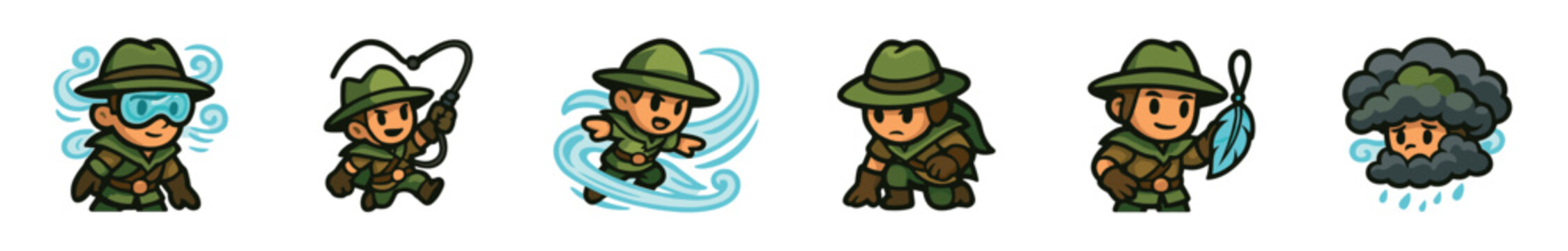 Set of six cartoon explorer character sprites for a video game, showing different actions and elemental powers like wind, water, and rain in a cute, bold-lined art style
