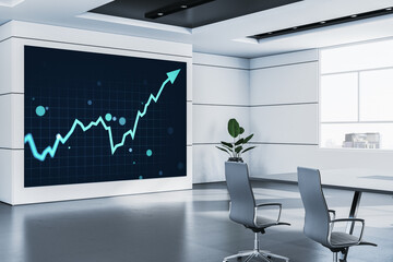 Modern meeting room with digital screen showing financial growth graph on blue grid background in corporate office interior with city view window. 3D Rendering