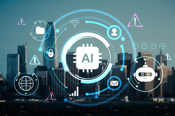 Futuristic digital interface with AI and cybersecurity icons over modern city skyline at daytime, representing smart technology in urban environments.