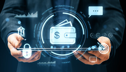 Digital wallet icon with financial and cybersecurity interface held by businessman in suit on dark background representing online banking concept.