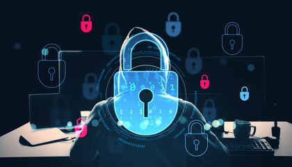 Cybersecurity hacker in hoodie with digital padlocks overlay in dark tech environment illustrating data protection and online security risks.