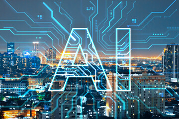 Futuristic AI circuit pattern overlaying modern cityscape at night with glowing architecture and illuminated skyline in digital tech concept.
