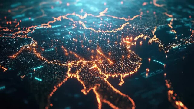Globe with glowing lights representing countries and cities connected by lines symbolizing trade routes and communication channels. Warm for urban centers, cool for remote areas.
