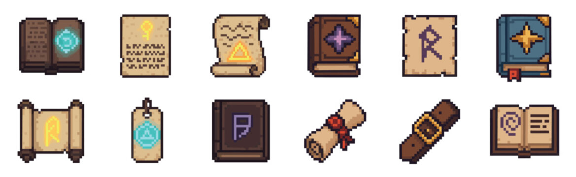 Pixel art set of magical books, scrolls, and ancient parchments for a fantasy role-playing game user interface, featuring glowing runes and mysterious symbols for spells and quests