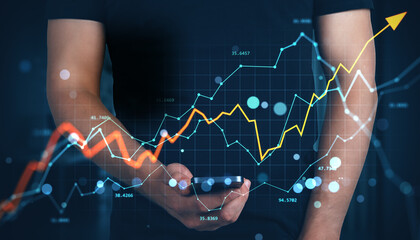 Businessman analyzing financial stock market data on smartphone with rising graph on dark background representing growth and progress concept.