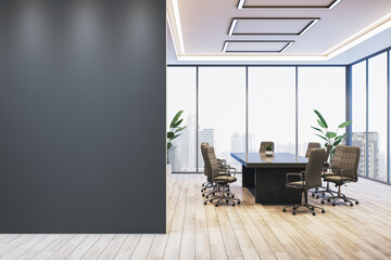 Modern conference room mockup with dark wall and panoramic city view in high-rise office interior, minimal furniture, and natural lighting setup. 3D Rendering © Who is Danny