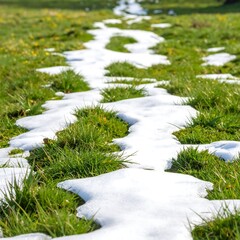 Patches of melting snow lie on a green grassy field, hint of spring, sunny day