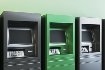 ATM machine mockup row with green, black, and silver terminals on light green wall background for banking and finance design concepts. 3D Rendering
