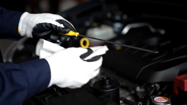 Mechanic Checking Engine Oil Level with Dipstick in Car Engine Bay