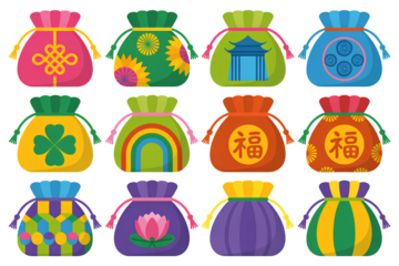 Twelve colorful traditional chinese drawstring bags with various symbolic patterns for gift giving