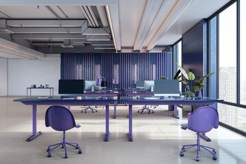 Modern open-concept office interior with purple furniture and clean lines, featuring large windows and contemporary decor. 3D Rendering