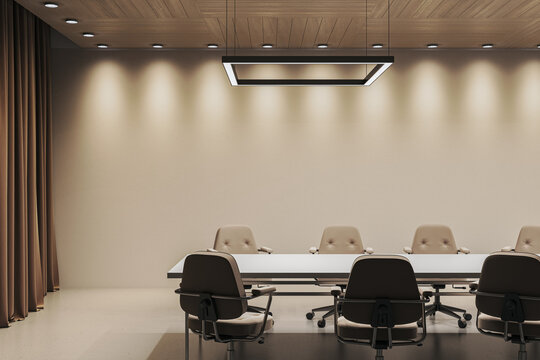 Modern corporate meeting room with beige chairs and minimal lighting in a clean, empty office interior. 3D Rendering. 3D Rendering