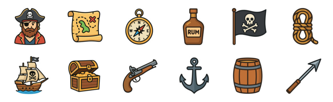 Colorful set of pirate themed icons representing adventure, including a captain, treasure map, ship, compass, anchor, and Jolly Roger flag in a cartoon vector style