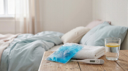 Blue gel ice pack with digital thermometer and lemon water sitting on wooden bedside table in bedroom