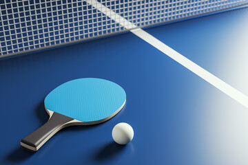 Table tennis paddle and ball on blue surface near net with realistic lighting and shadows in sports competition concept. 3D Rendering