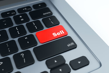Close-up of computer keyboard with red sell button replacing key for digital marketing, ecommerce, and financial trading concept. 3D Rendering