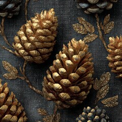Golden Pine Cones on Dark Fabric Background for Decorative Use