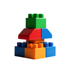 Naklejka premium Hyper-detailed macro photo of a perfectly balanced pyramid stack of glossy, vivid plastic duplo building blocks, isolated on transparent with soft shadow. Concept of fundamental structure and