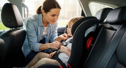 Safety First: A caring mother fastens a seatbelt on her child, inside car, emphasizing child safety in a vehicle. 