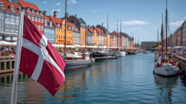 A cinematic canal scene with the Danish flag and historic houses