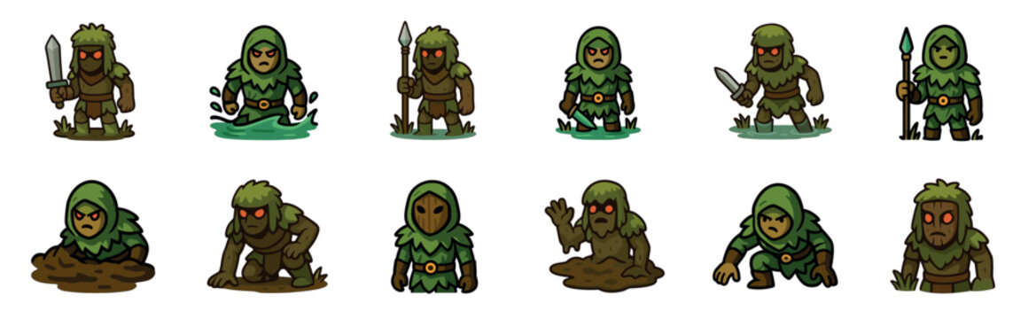 Collection of cartoon swamp monster characters with glowing red eyes, shown in various poses with weapons like swords and spears for a fantasy game concept