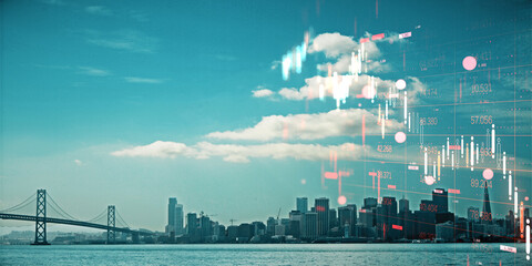 Financial data charts over city skyline with bridge on clear day, symbolizing urban economy and market trends integration concept.