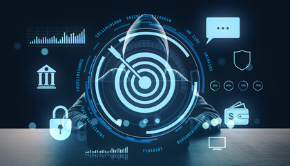Cybercriminal targeting financial institutions with digital hacking interface and security breach visuals on dark background in futuristic style.